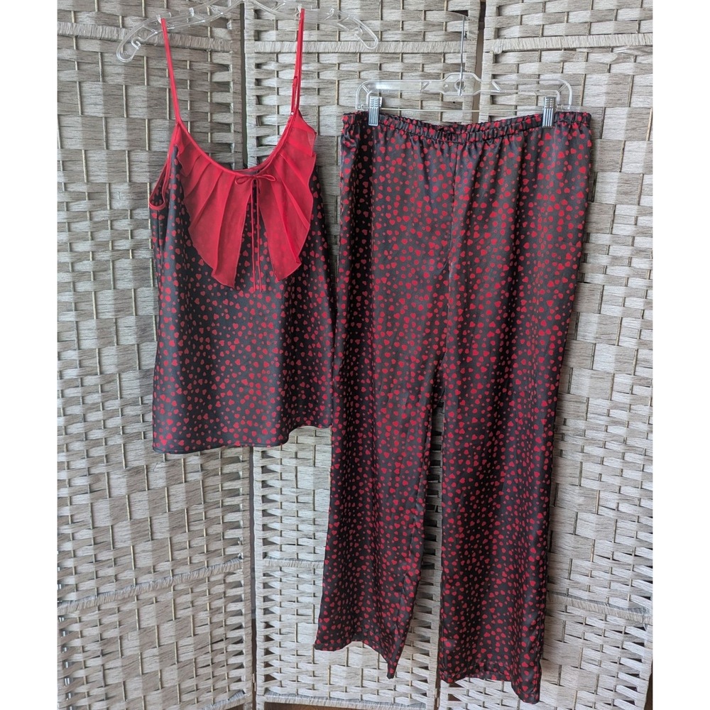 Satin Pajama Set Black Red Heart Print Cami Pants Sz L Valentines Day Romantic